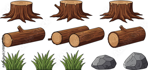 Forest nature elements illustration set, tree stumps logs grass stones collection, cartoon woodland assets, game design vector, isolated white background