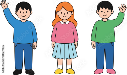 Happy children standing together waving hands, cute kids illustration, childhood friendship concept, education community diversity, flat cartoon style graphic