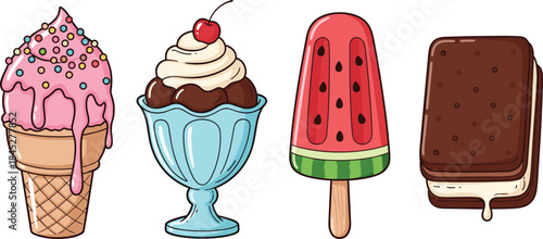 Ice cream dessert collection illustration, sweet frozen treats cone sundae popsicle sandwich, colorful cartoon food icons, isolated white background