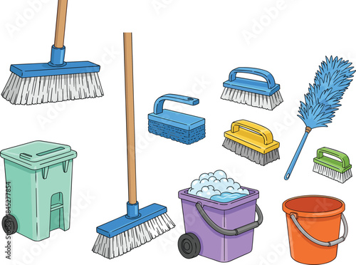 House cleaning tools illustration set, broom brush bucket mop dusting equipment, household hygiene supplies, flat vector design, isolated white background