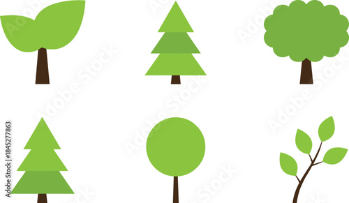 Set of diverse simple geometric cartoon trees and branches in bright green colors, featuring pine and deciduous shapes for educational and video game design.