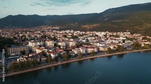 Stunning aerial view of Ohrid, town on the shore of the calm lake in Macedonia