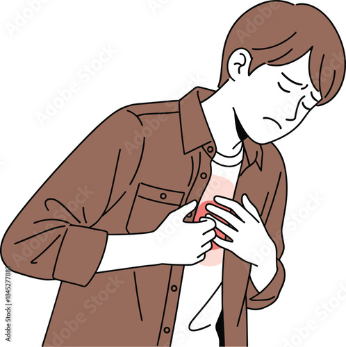 Man experiencing chest pain, heart attack symptoms illustration, healthcare emergency concept, cardiac problem warning, medical risk awareness graphic design