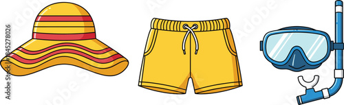 Summer beach accessories illustration, sun hat swim shorts snorkeling mask, vacation travel items, tropical holiday essentials, flat vector design