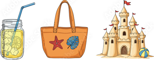 Summer beach illustration set, lemonade drink, beach bag, sand castle concept, vacation holiday elements, cartoon style vector, isolated white background