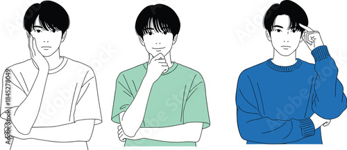 Thinking young man illustration set, thoughtful facial expressions concept, decision making emotions, modern male character poses, flat vector, isolated white background