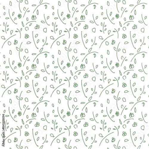 A delicate seamless vector pattern featuring hand-drawn thin green line art sketches of leaves, tiny flowers, and scattered dots on a clean white background, ideal for baby textiles, nature themes, an