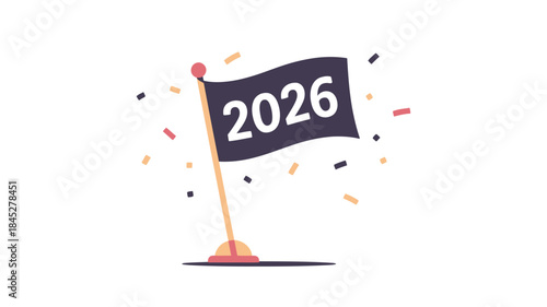 Vibrant 2026 flag waving with festive confetti celebration