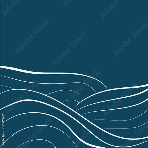 Minimalist vector background featuring clean, white curved lines resembling abstract waves or ocean swells against a deep navy blue background, ideal for digital banners, marine themes, or modern webs