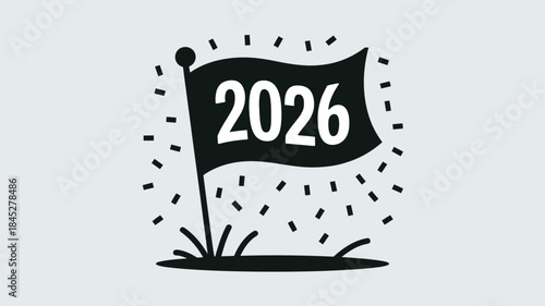 Modern black flag with 2026 text and confetti