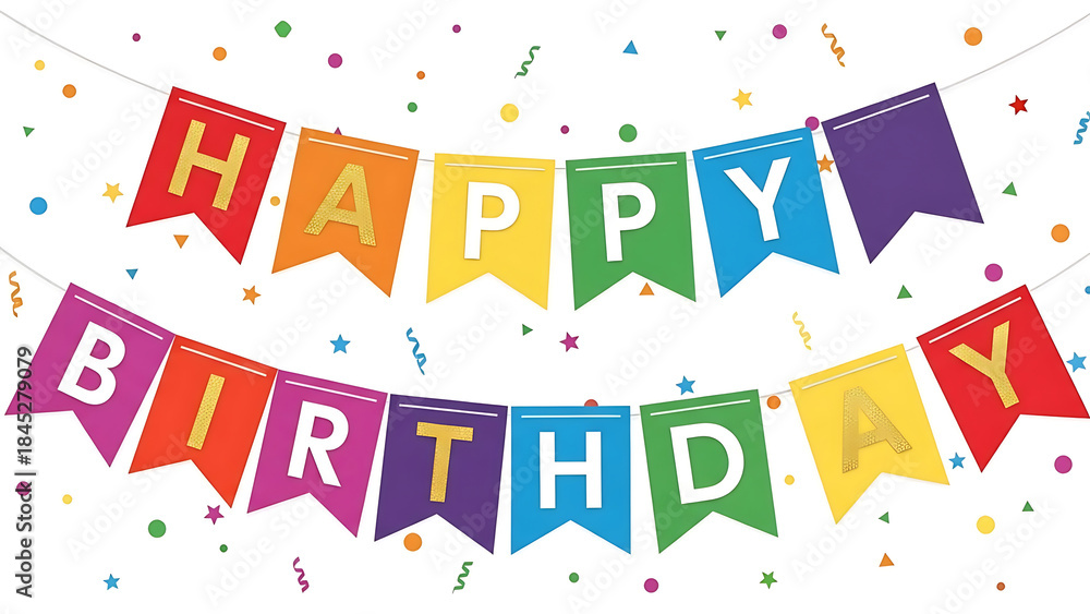 Fototapeta premium Colorful Happy Birthday Bunting Flags with Confetti