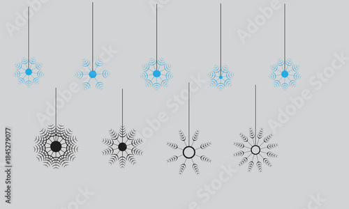 Hanging Snowflake Ornament Icons Set in Blue and Black Minimal Vector Style
