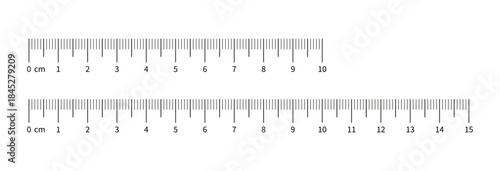 Measuring chart with 10 cm and 15 cm with numbers. Ruler scale 100 mm, 150 mm with numbers. Ruler scale, template of sewing tool. Length measurement height, math, distance.