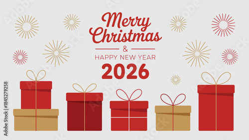 Merry Christmas and Happy New Year 2026 celebration with gifts