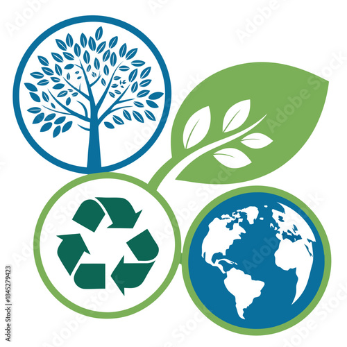 Environmental and sustainability icons representing nature, recycling, and planet earth