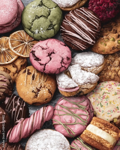 Vibrant Assortment of Colorful Pastries Cookies and Desserts.