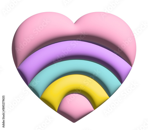 Inflated 3D rainbow heart for Valentine's Day, sticker, merchandise, fabric, decoration, love icon, campaign badge, sign, symbol, women empowerment, girl power, pin, cute patch, brooch, Pride Month	
