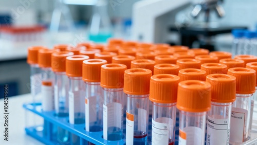 Test tubes with orange caps in a lab