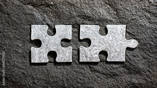 Two Silver Metallic Puzzle Pieces on Rough Stone Surface.