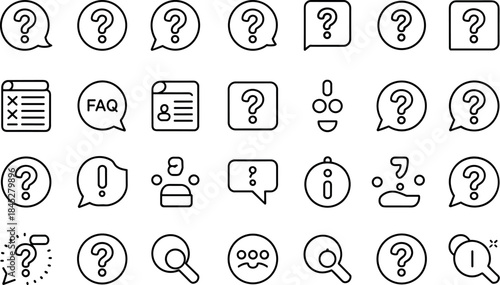 Customer Support Question Icons – Outline question mark vector icon set for help desk, service platforms and FAQ pages.