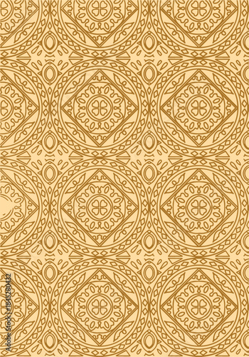 An elegant seamless vector pattern featuring intricate geometric and circular ornamental elements in rich golden-brown lines on a pale beige background, perfect for luxury packaging and classic textil
