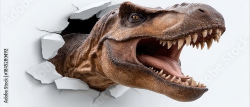 Fototapeta Naklejka Na Ścianę i Meble -  T-rex head breaks through white ceramic wall creating a 3d hole for fun and creative sticker designs