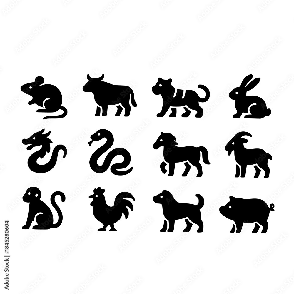 Obraz premium Chinese Zodiac Icons Set Minimalist Silhouette Vector Animals