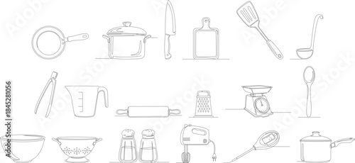 Minimalist Line Art Kitchen Utensil and Cookware Element Illustration