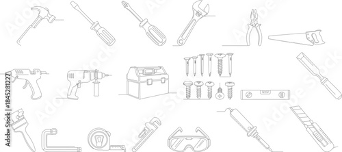Minimalist Line Art Tools and Equipment for Repair and Construction Set