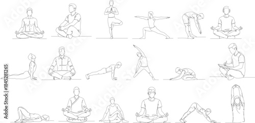 Line Art Simple Yoga Pose Set, Spiritual Wellbeing Activity Illustration