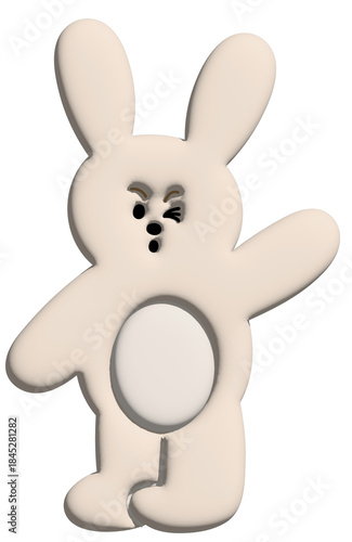 Inflated illustration of happy bunny in 3D for model, merchandise, rabbit cartoon, character, comic, happy easter, emoji, mood, emotion, zoo, souvenir shop, pin, animal brooch, sticker, pet
