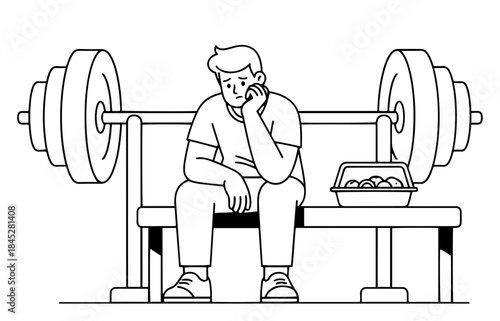 Sad and tired man sitting on a weight bench at the gym next to meal prep box