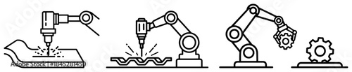 Industrial robotic arms performing manufacturing tasks on assembly line vector outline
