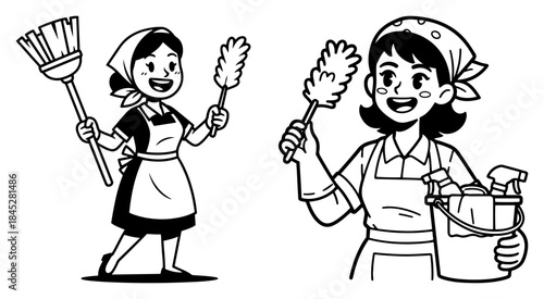 Happy housemaid character holding cleaning equipment including broom and bucket vector line art