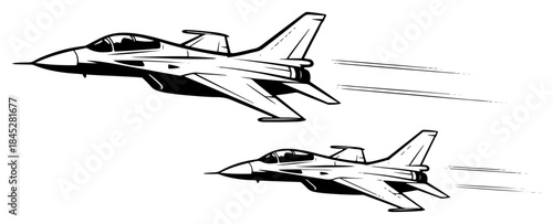 Black and white illustration of two military fighter jets flying at high speed