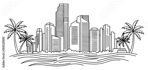 Tropical city skyline with skyscrapers and palm trees near ocean