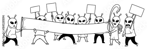 Group of cartoon aliens holding signs and banners during a protest