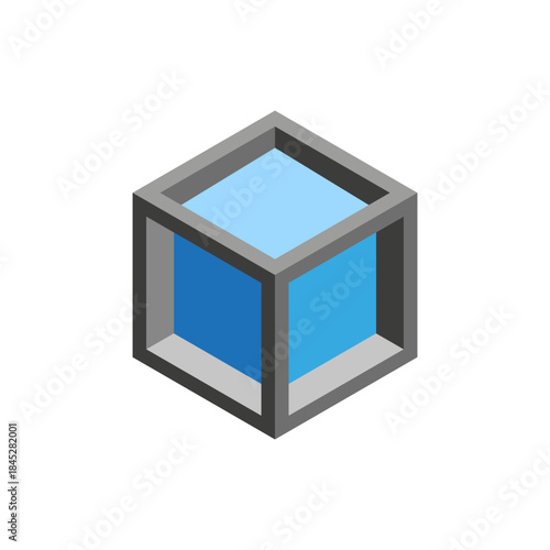 Isometric cube shape. Three dimensional block. Wireframe frame Vector. Geometric graphic element