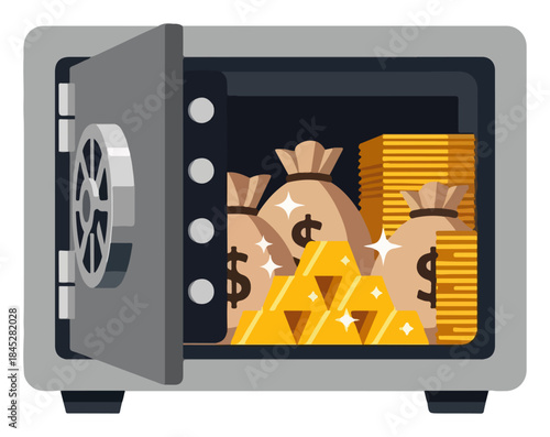 Open steel safe box filled with gold bars and money bags