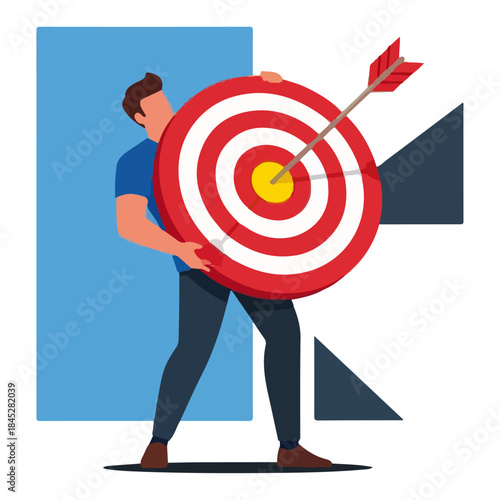 Man holding large target board with arrow hitting the bullseye
