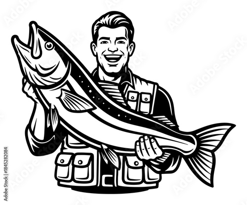 Happy fisherman holding a large fish catch with a smile