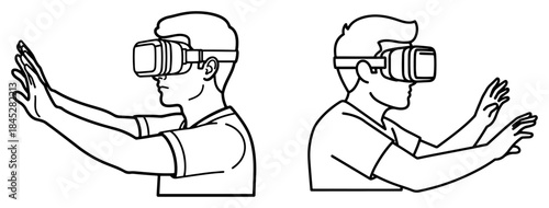 Men wearing virtual reality headsets interacting with cyberspace vector line art