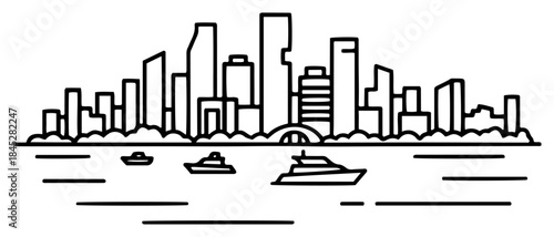 Wide city skyline line art with boats sailing on the water
