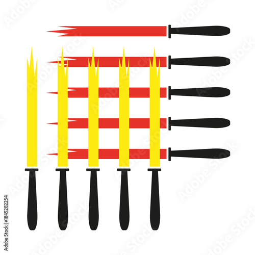 Knives abstract set. Yellow handles blades. Dangerous Vector object. Cooking kitchen element.