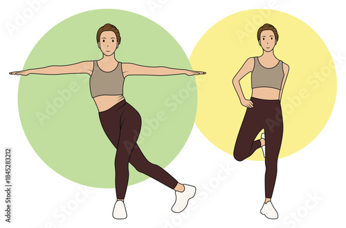 A woman is doing a balance and single-leg stance pose.