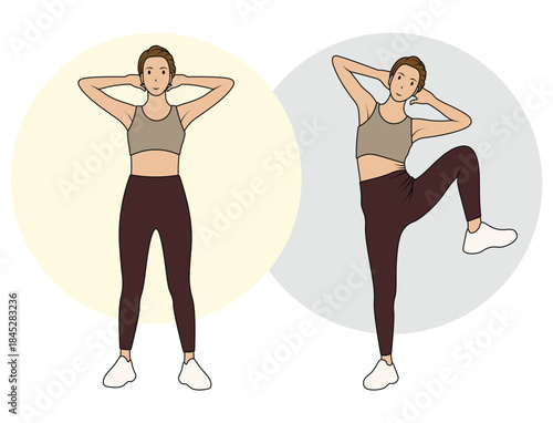 Illustration of woman standing side crunch