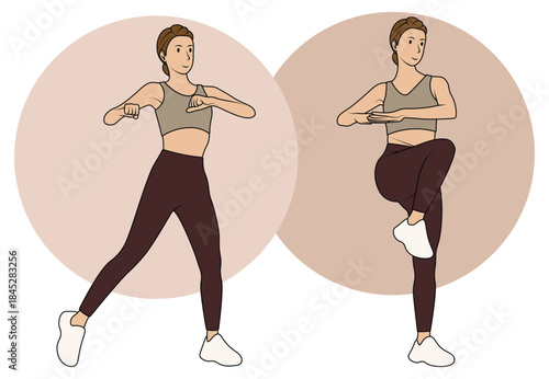 Illustration of a woman doing a standing crunches exercise.