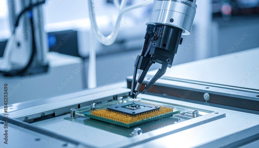 Fototapeta premium Robotic Arm Precision: Handling Microchip in Cleanroom Environment