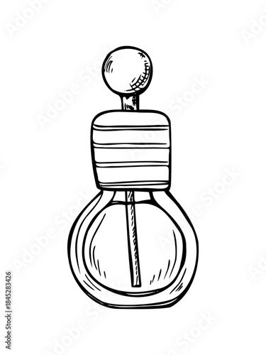 Aroma diffuser closed wood cap line art black ink sketch. Glass vial with essential oil or liquid perfume vector isolated illustration. Medical flask for home decor, pharmaceuticals, cosmetic