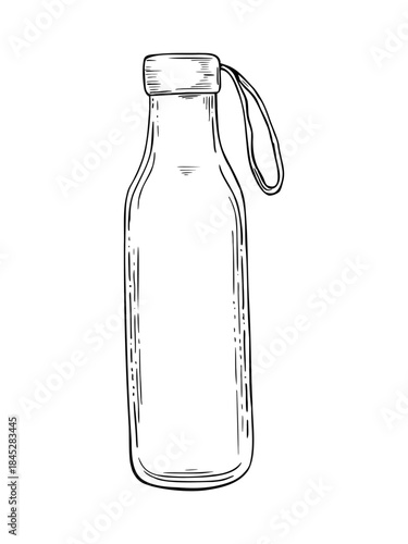 Metal water bottle or thermos with carry strap vector isolated illustration painted by black inks. Monochrome reusable drinkware sketch for fitness blogs, outdoor activity guides, product packaging